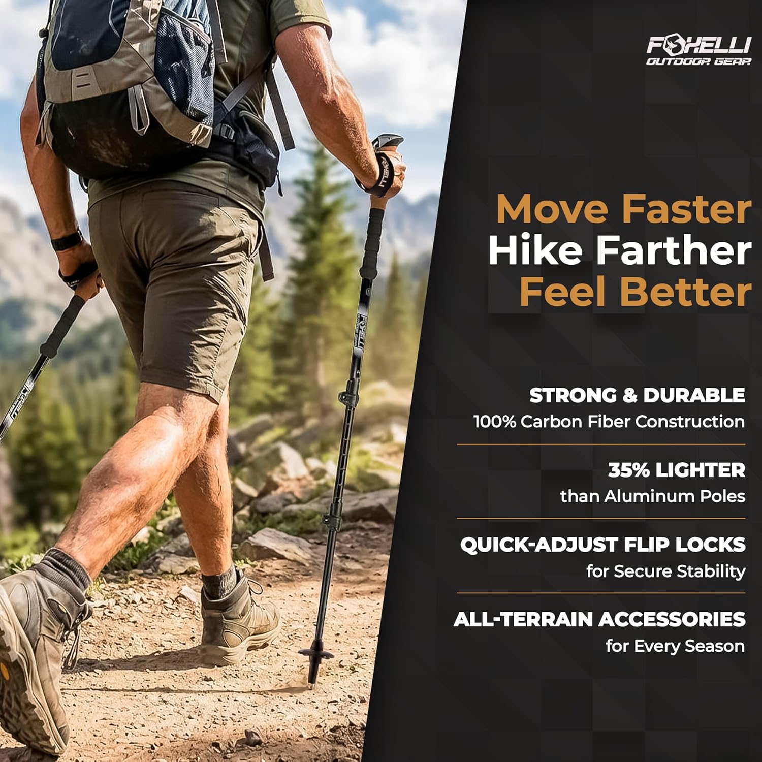 Foxelli Carbon Fiber Trekking Poles – Lightweight Collapsible Hiking Poles with Cork Grips, Quick Flip Locks & All-Terrain Accessories – Adjustable Height Hiking Sticks for Men & Women - Image 2