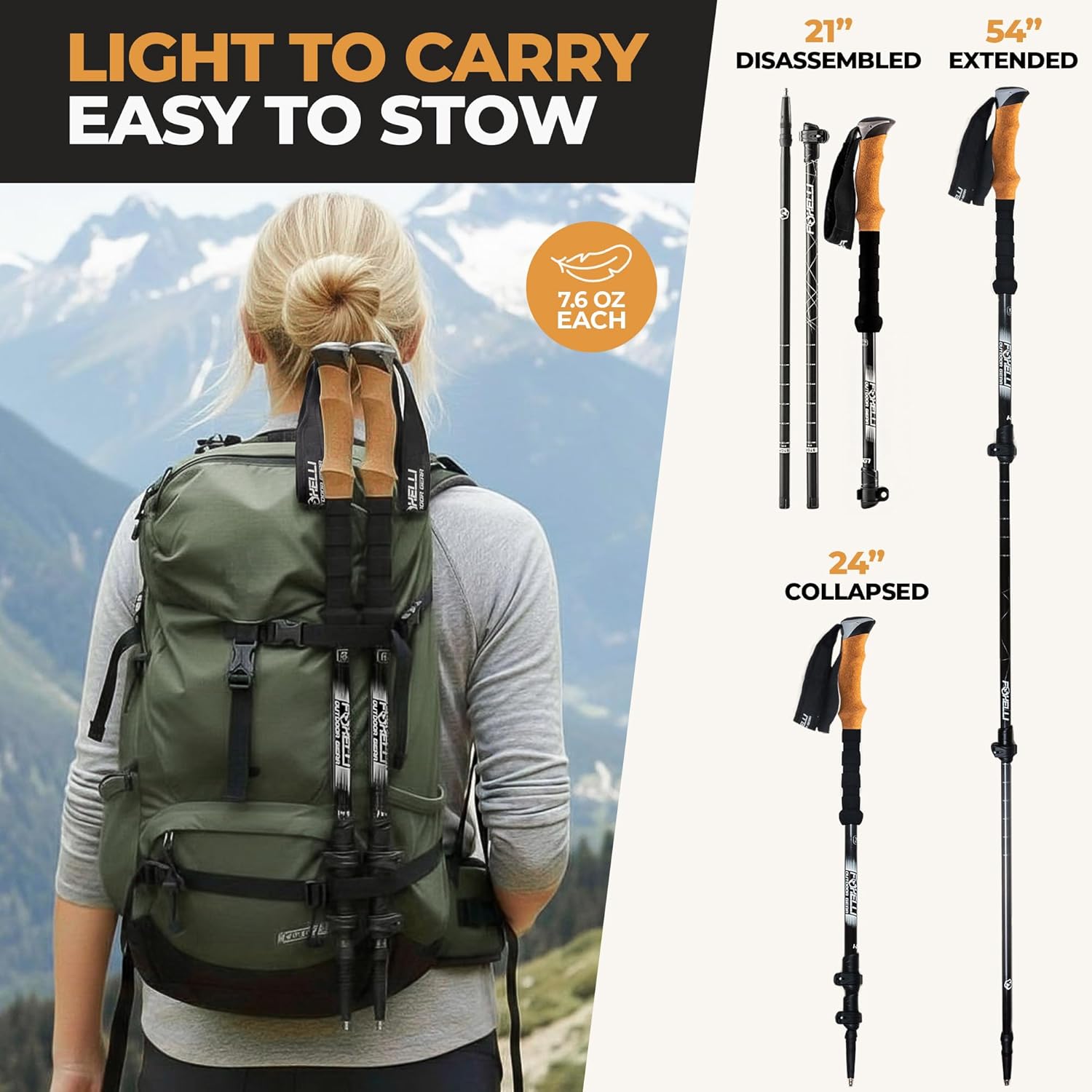 Foxelli Carbon Fiber Trekking Poles – Lightweight Collapsible Hiking Poles with Cork Grips, Quick Flip Locks & All-Terrain Accessories – Adjustable Height Hiking Sticks for Men & Women - Image 3