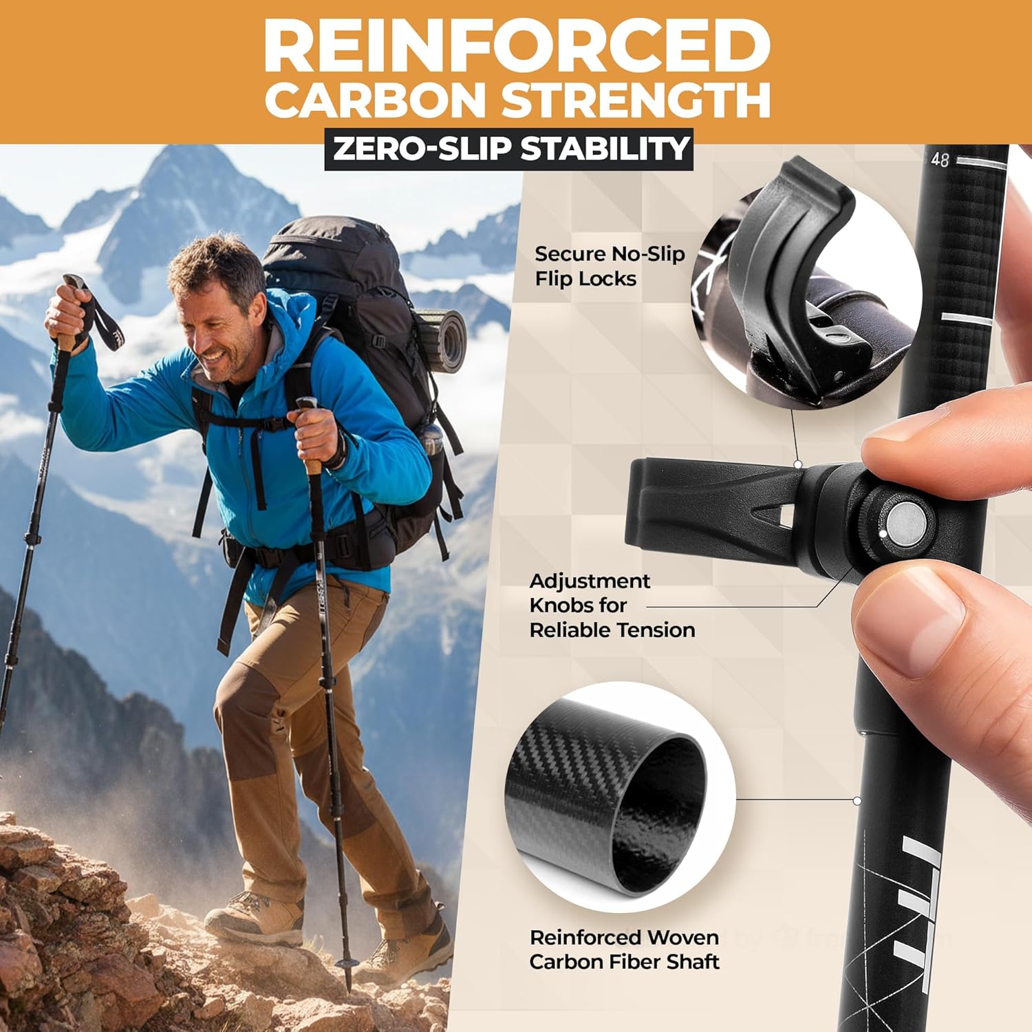 Foxelli Carbon Fiber Trekking Poles – Lightweight Collapsible Hiking Poles with Cork Grips, Quick Flip Locks & All-Terrain Accessories – Adjustable Height Hiking Sticks for Men & Women - Image 4