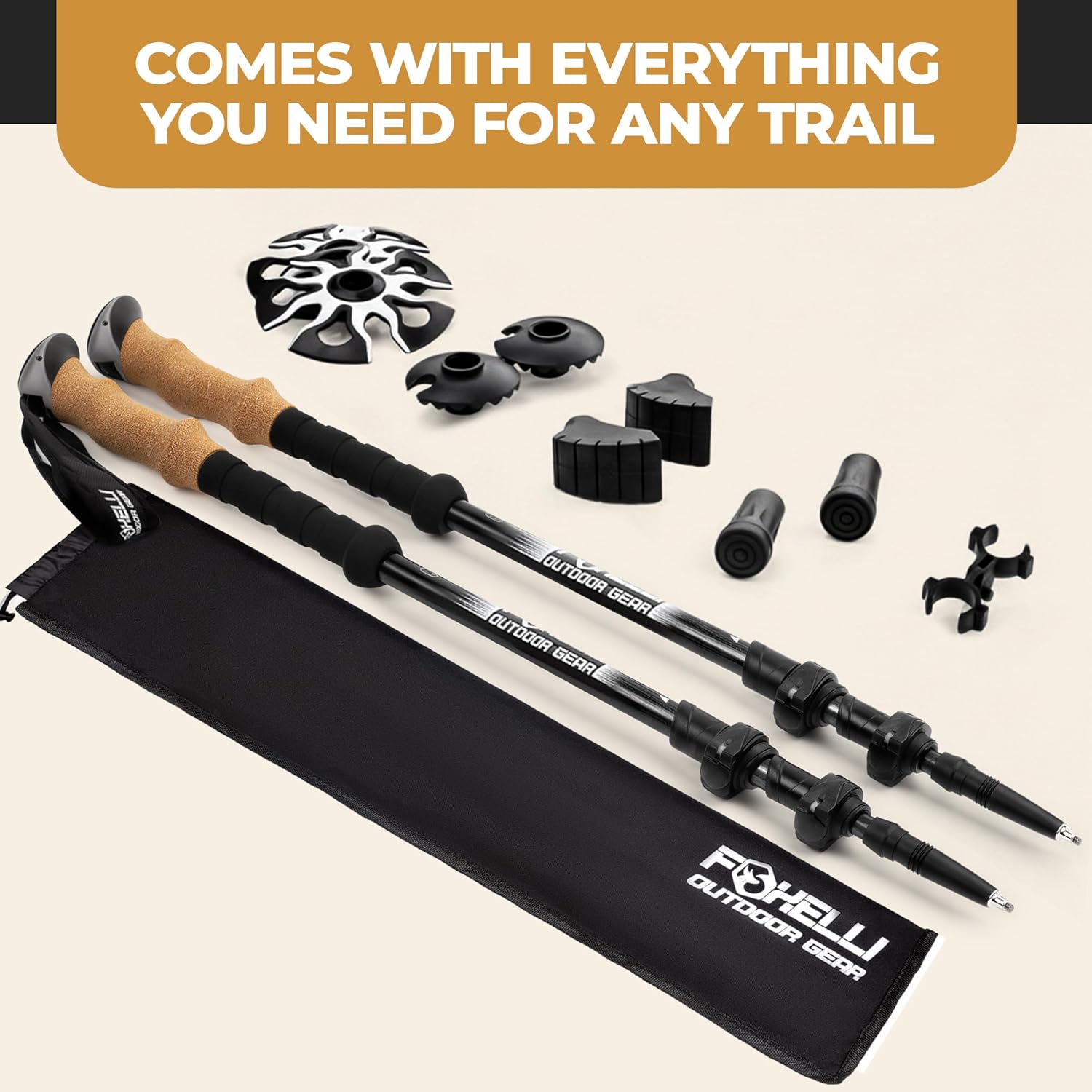 Foxelli Carbon Fiber Trekking Poles – Lightweight Collapsible Hiking Poles with Cork Grips, Quick Flip Locks & All-Terrain Accessories – Adjustable Height Hiking Sticks for Men & Women - Image 9